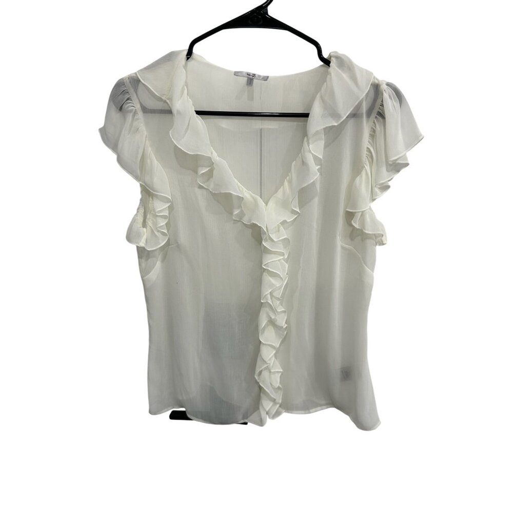 Metro 7 Sheer Cap Sleeve  V-Neck Ruffle Blouse Eggshell Sz Medium Career Office